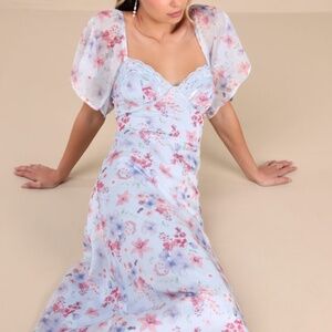Lulus Valla Light Blue Floral Flutter Sleeve Midi Dress - Size XS